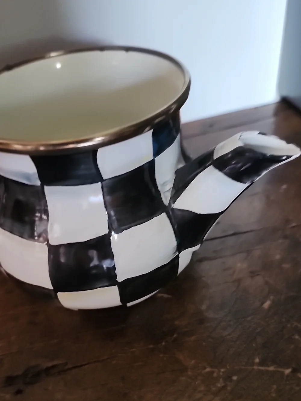 Mackenzie Childs Courtly Check Enamel Creamer With Wooden Handle